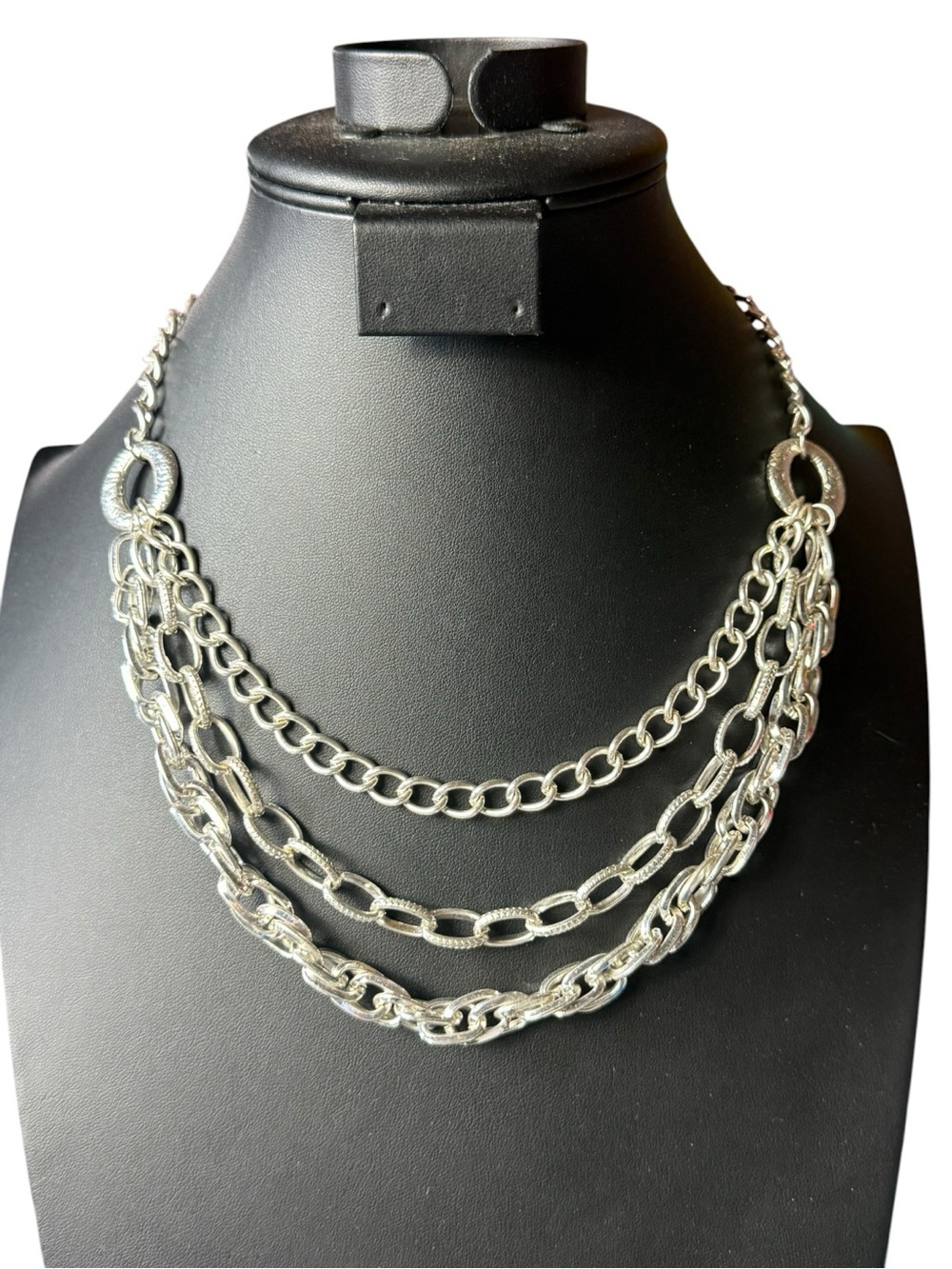 8362. Silver Tone Multi Strand Chain Necklace Layered Chunky Statement Adj.